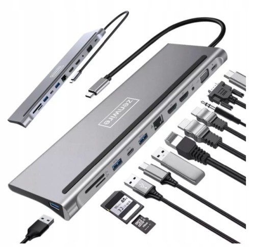 STACJA DOKUJĄCA HUB ADAPTER USB-C 12w1 Stacja Dokująca 2x HDMI 4K ETHERNET RJ45 USB 3.0 SD M1 M2 M3 BYL-2211 - zdjęcie 1