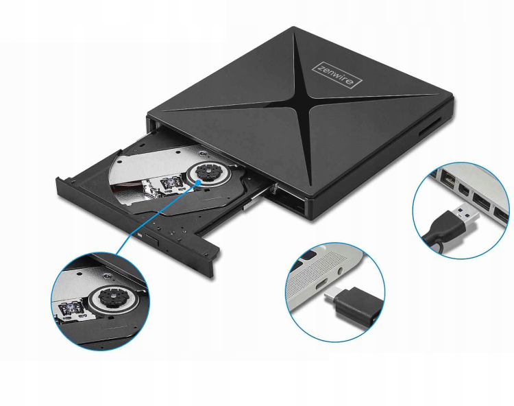 Przenośny zewnętrzny napęd DVD-CD RW HUB USB-C USB 3.0 Zenwire 4w1 Czytnik kart SD Zenwire SY885 - zdjęcie 8
