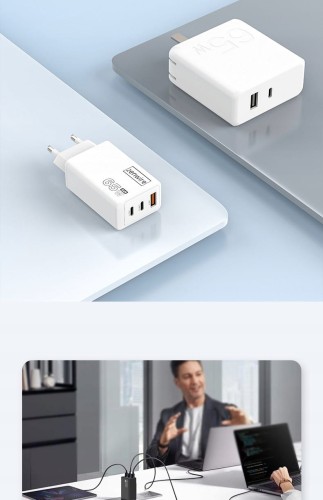 Szybka Ładowarka Sieciowa Kostka GAN 3.0 65W 2x USB-C USB-A do iPhone Quick Charge Zenwire SDC-608 - zdjęcie 2