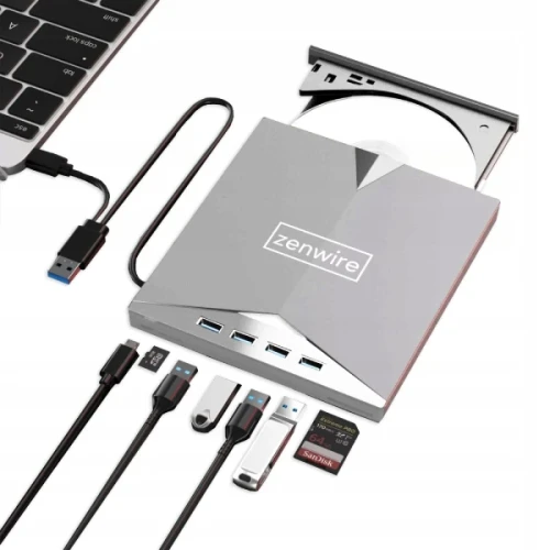 Przenośny Napęd Zewnętrzny Czytnik Płyt CD DVD Odtwarzacz Nagrywarka Płyt HUB USB-C 3.0 Zenwire H61 - zdjęcie 1