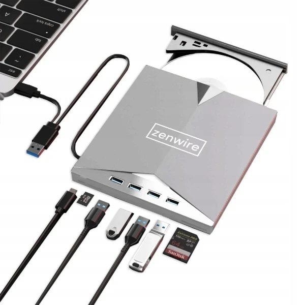 Przenośny Napęd Zewnętrzny Czytnik Płyt CD DVD Odtwarzacz Nagrywarka Płyt HUB USB-C 3.0 Zenwire H61 - zdjęcie 1