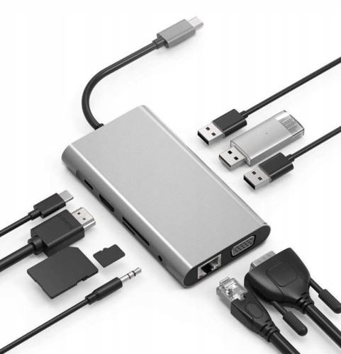 HUB USB-C 11w1 Adapter HDMI 4K VGA Jack SD Gigabit Ethernet RJ45 USB 3.0 - zdjęcie 1