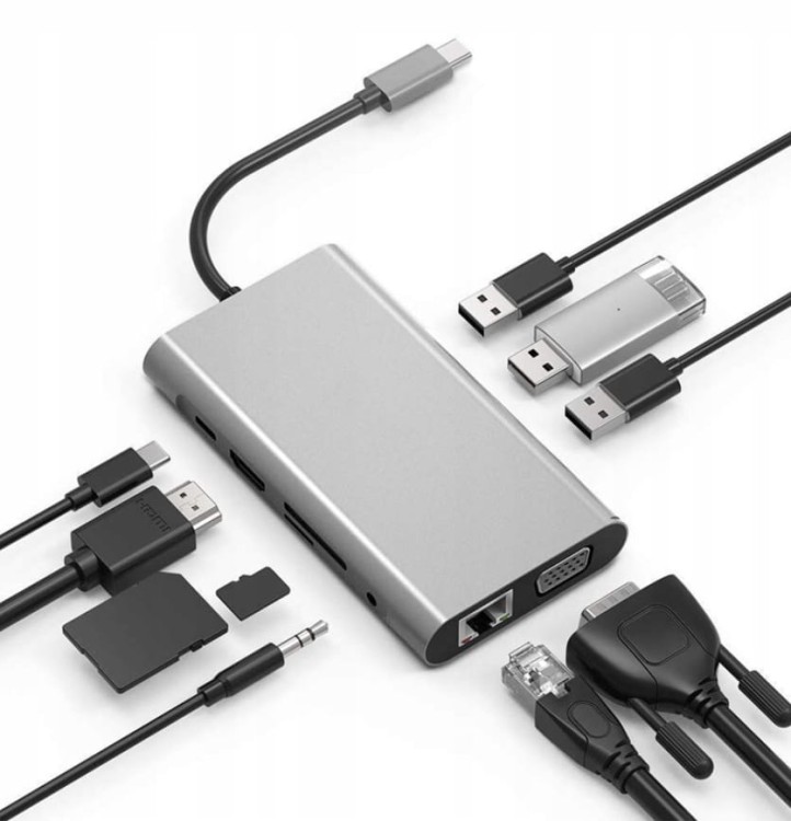 HUB USB-C 11w1 Adapter HDMI 4K VGA Jack SD Gigabit Ethernet RJ45 USB 3.0 - zdjęcie 1