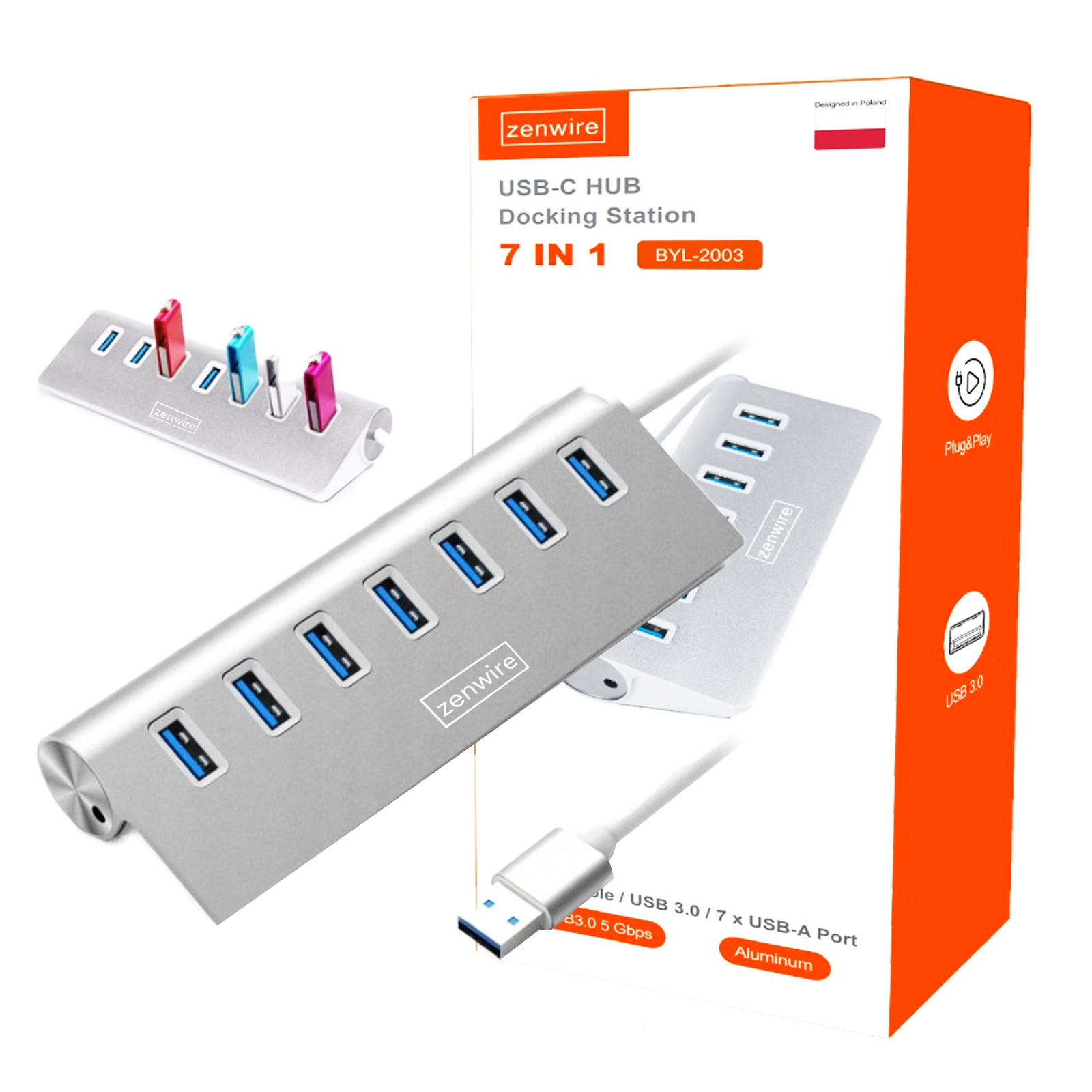 HUB 7w1 ROZGAŁĘŹNIK ROZDZIELACZ PORTÓW 7x USB 3.0 Zenwire BYL-2003 - zdjęcie 1