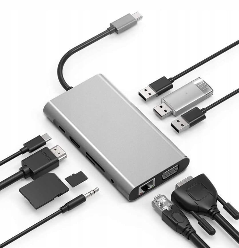 HUB USB-C 11w1 Adapter HDMI 4K VGA Jack SD Gigabit Ethernet RJ45 USB 3.0 - zdjęcie 1